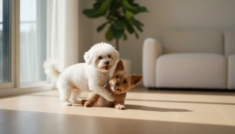 Chien de petite taille heureux dans un appartement moderne