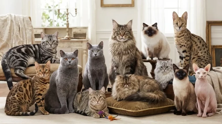 12 races de chat idéales pour foyer : American Shorthair, Bengal, British Shorthair, Chartreux, Highland Lynx, Maine Coon, Persan, Sacré de Birmanie, Savannah, Scottish Highland, Siamois et Sphynx
