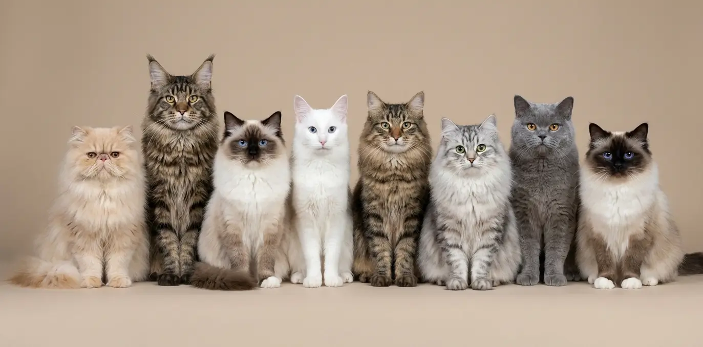 Portrait de huit races majestueuses de chats à poils longs disposés en composition élégante